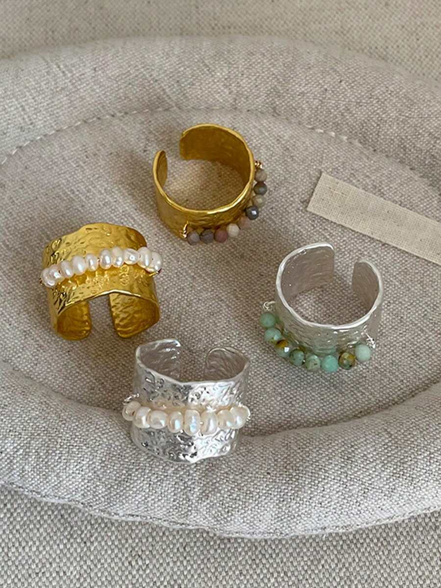 1pc Women's Open Ring, Autumn Bohemian Minimalist Style Metal Faux Pearl Natural Stone Multicolor Open Ring, Daily Party Holiday Matching, Jewelry Gift - Multicolor - View 1