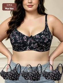 3pcs Plus Size Printed Fashion Bra For Women, Adjustable Shoulder Straps, Side-Smoothing, Anti-Sagging, Thin Adjustable Hook-And-Eye Underwear - Black - View 1