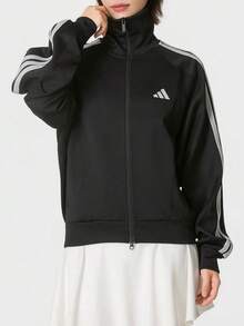 Adidas Women's Stand Collar Zip-Up Striped Outdoor Fashion Casual Comfortable Training Long Sleeve Jacket - Black - View 1