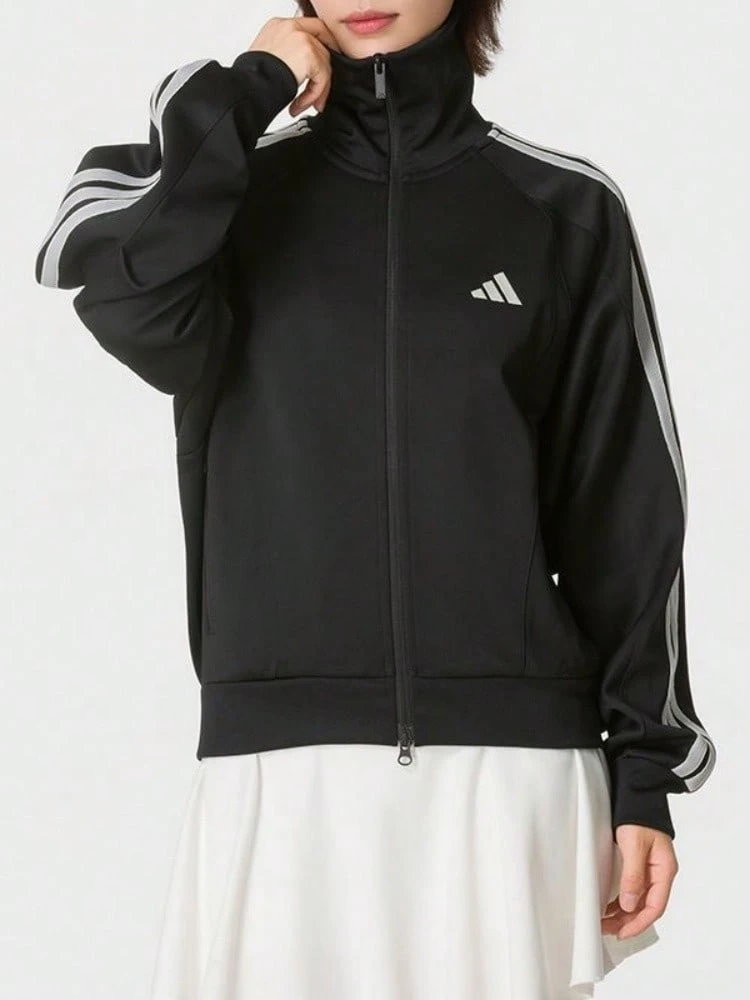 Adidas Women's Stand Collar Zip-Up Striped Outdoor Fashion Casual Comfortable Training Long Sleeve Jacket - Black - View 1