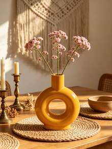 Donut-Shaped Hollow Resin Vase, Vintage Bohemian Abstract Sculpture, Dried Flower Desktop Decor, Living Room Windowsill Decoration, Housewarming Gift - Yellow - View 4