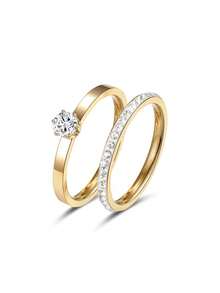 3pcs Minimalist Fashion Versatile Design, Stackable Stainless Steel Ring Set, Inlaid With Sparkling Cubic Zirconia, Perfect Gift - Yellow Gold - View 10
