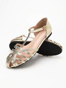 New Fashion Women's Round Toe Simple Cross Strap Hollow Out Sandals - Gold - View 5