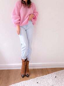 Women's Plus Size Autumn Bright Pink Fuzzy Mohair Knit Sweater, Cute Winter Thick Warm Pullover, New Autumn Arrival - Pink - View 6
