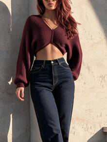 Women's Burgundy Knitted Crop Top, Long Sleeve V-Neck Sweater For Fall And Winter, Stylish And Cropped Fit Design - Burgundy - View 1