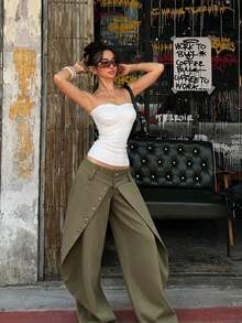 Women's Green Wide Leg Pants With Unique Wrap Button Hem Design For Modern Fashion Look - Olive Green - View 3