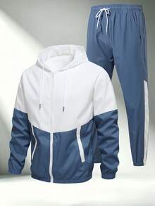 1 Set Pakaian Olahraga Pria Berkerudung Warna-warni, Jaket Berresleting dan Celana Jogger, Set Pakaian Olahraga Kasual 2 Potong - Biru - View 2