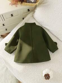 1pc Baby Girl Cute Lightweight 3D Bow Small Stand Collar Long Sleeve Wool Blend Jacket Spring Autumn Elegant Style - Dark Green - View 2