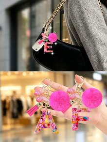 1pc Pink Letter Keychain, Initial Letter Car Key Chain Pendant, Cute Butterfly Tassel Fur Ball Charm For Girls Bag Key Ring Accessory, Halloween Gift Decoration, Suitable For Decorating Handbags, Wallets, Backpacks, Valentine's Day, Bachelorette Party Gift - Hot Pink - View 5