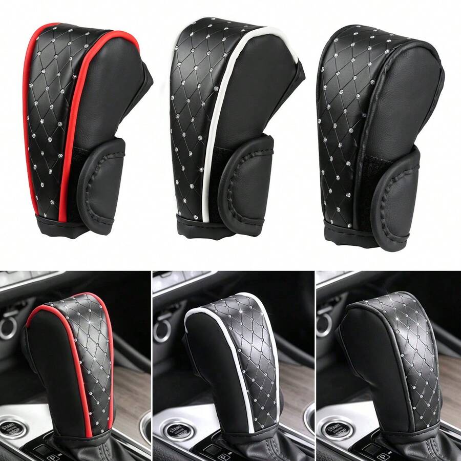 Luxury Diamond‑Studded Car Gear Shift Knob Cover Handbrake Sleeve, PU Leather Auto Gear Lever Protection Cover, Universal Fit Most Vehicles, Stylish Car Interior Modification Accessories - A - View 1