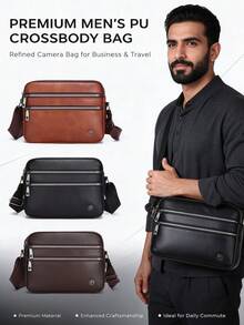 1pc Men's Business PU Camera Bag, Vintage Style, Personal Item Storage Bag, Travel & Commute, Perfect Gift For Boyfriend - Crossbody Bag - View 2