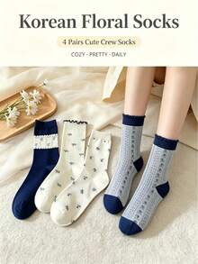 Random 1/4 Pairs Korean Style Floral Mid-Calf Socks For Women, Navy Blue Ruffle Edge Vintage Flower Socks, Versatile Breathable Socks - Multicolor - View 1