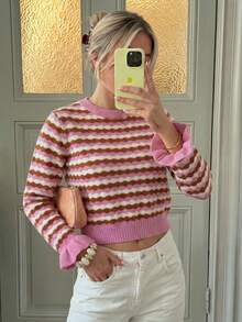 Women's Autumn/Winter New Fashion Retro Colorblock Polka Dot Jacquard Ruffle Trim Knit Sweater - Rose Pink - View 2