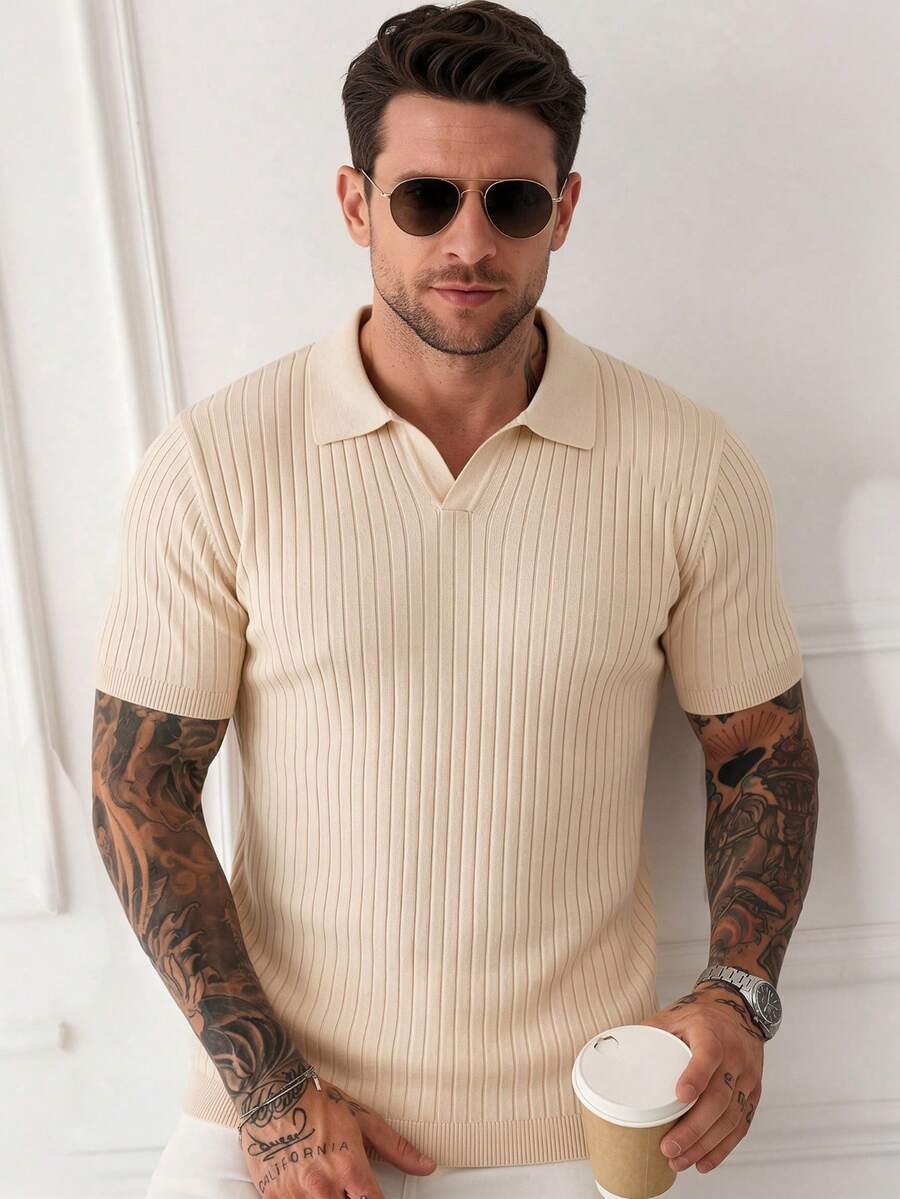 ALTZTAR Men's Loose Fit Thin Solid Color Casual Polo Collar Short Sleeve Ribbed Knit Top - Apricot - View 1