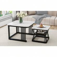 Nest Of 2 Tables  Square Coffee Table Coffee Table Set Nesting Sofa Table Multi-Functional End Side Table Nesting Tables With Black Metal Frame And Marble Pattern White Top Living Room Home - White Marble + MDF+Steel - View 11