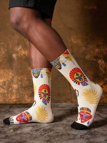 1/3 Pairs Creative Mid-Calf Socks, Totem Palm Leaf Print Street Fashion Personalized Mid-Calf Socks, Fun Halloween Gift - Multicolor - View 4