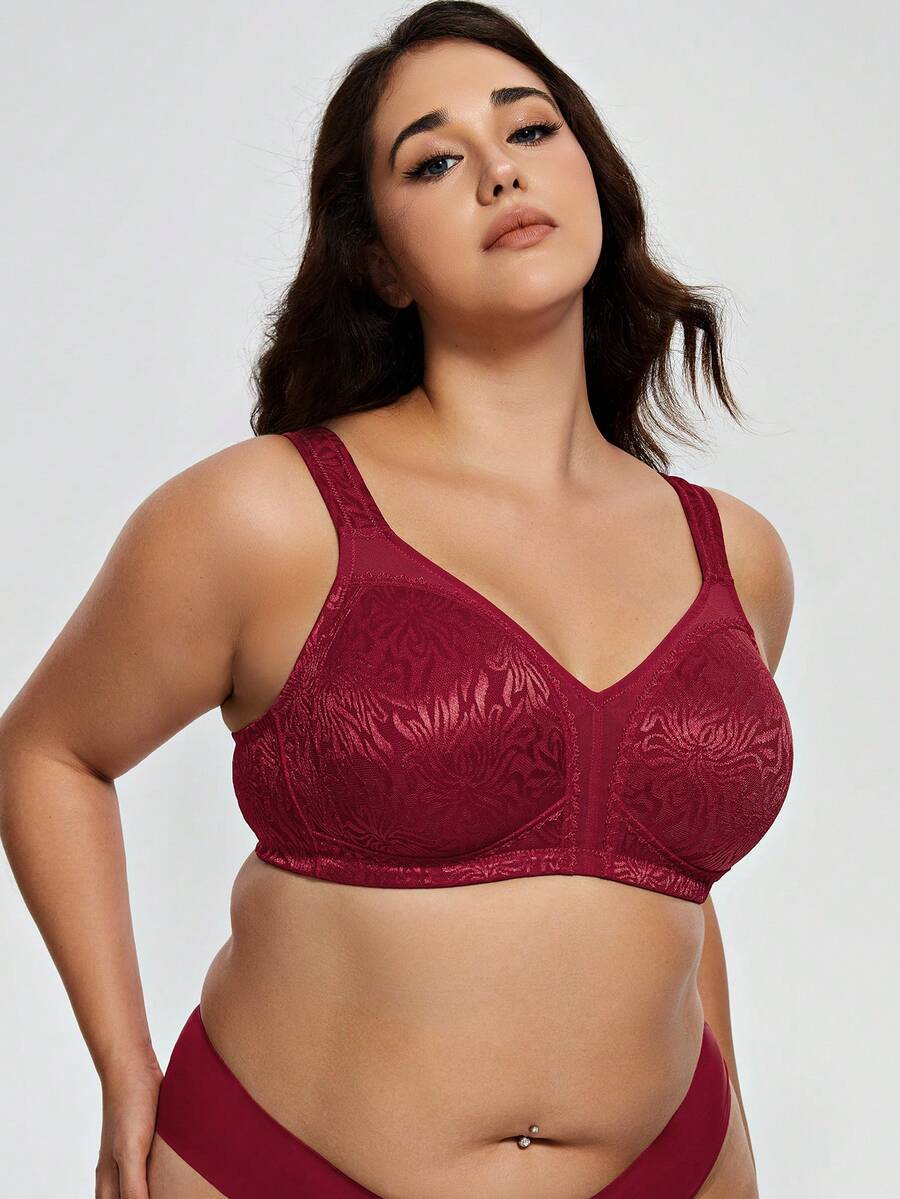 Deyllo Plus Size Women Shaping Bra, Full Coverage, Wireless, Unpadded, Wide Straps, Lace Trim, Effectively Minimizes Bust, Soft & Comfortable, Suitable For Daily Wear - Burgundy - View 1