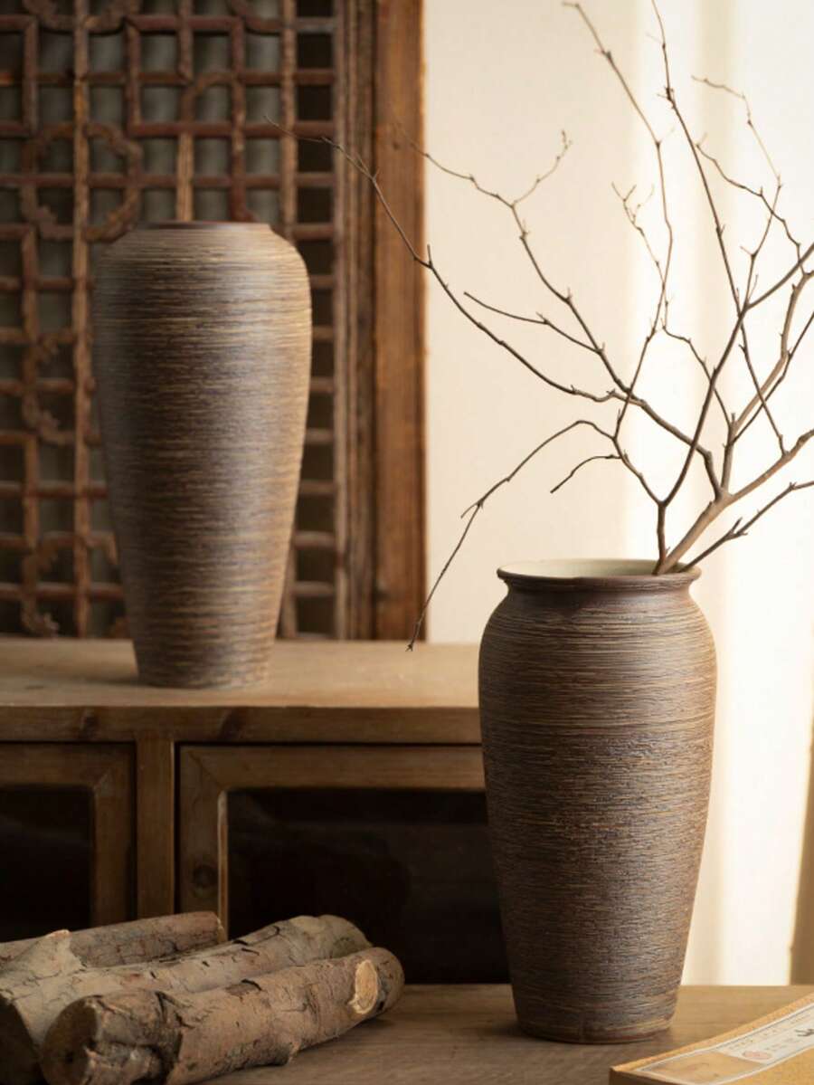 1pc Sage Green Reactive Glaze Ceramic Vase, Modern Country Style Decorative Vase, Suitable For Dried Flowers, Living Room Shelf And Tabletop Decor - Brown Bottle - View 1