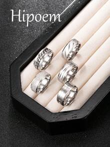 Hipoem Set 5 Cincin Pria Stainless Steel Bergaya dengan Elemen Rantai Timbul Matte, Cocok untuk Pemakaian Sehari-hari dan Aksesori Halloween - Perak - View 10
