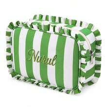 (Custom Embroidery) Wood Ear Trim Striped Makeup Bag, Sweet Ruffle Edge Large Capacity Storage Bag, Travel Portable Toiletry Organizer - Multicolor - View 10