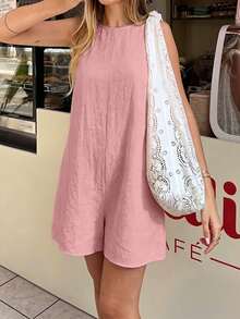 DORISS Summer Apricot Sleeveless Loose Short Jumpsuit Linen Material Casual Street Work Travel - Ash - View 2