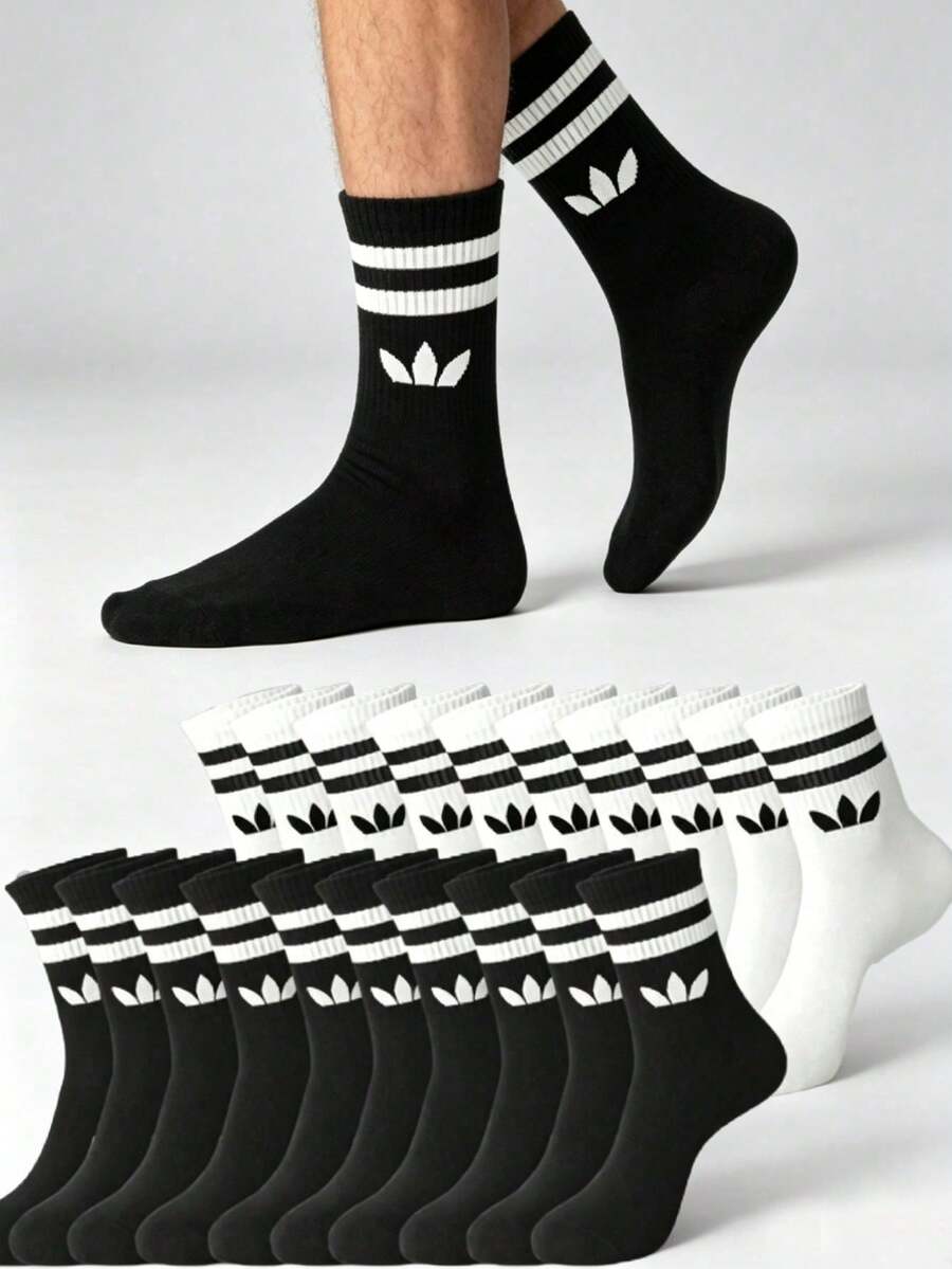 1/5/10 Pairs Men's Striped Solid Color Mid-Calf Sports Socks, Couple Style, Moisture-Wicking Breathable Casual Socks, Unisex, Suitable For Daily Wear - Black and White - View 1