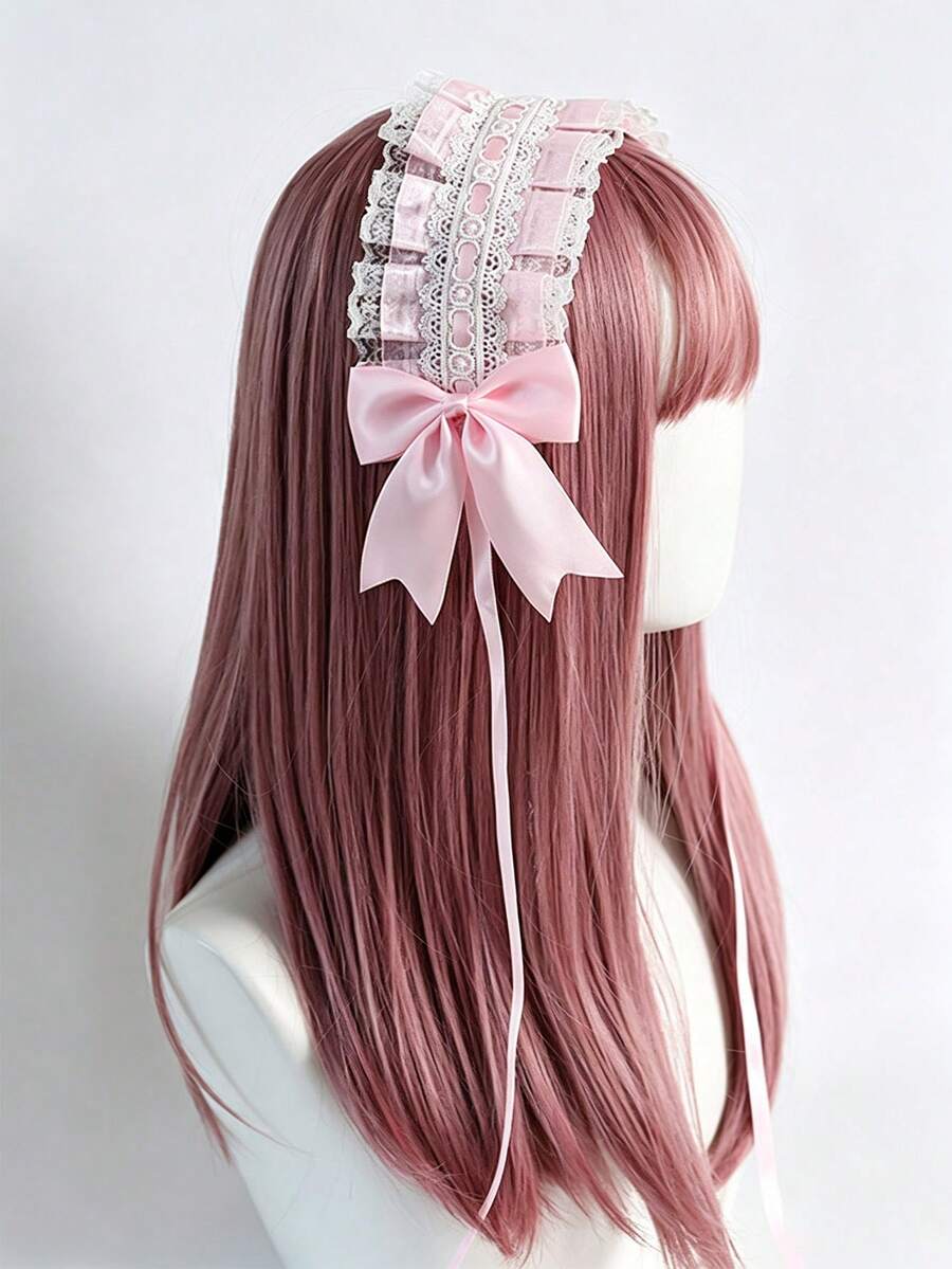 1件可愛抓褶蕾絲髮箍 甜美優雅蝴蝶結緞帶蘿莉塔髮箍 女款時尚 Cosplay 髮飾 萬聖節 - 彩色 - 查看 1