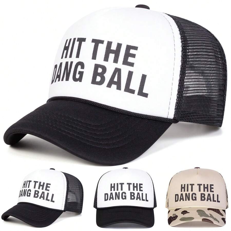قبعة بيسبول رجالية HIT THE DANG BALL بطبعة حروف، قبعة شاحنة عصرية، قبعة شبكية كاجوال للحماية من الشمس للسفر في الربيع/الخريف وإجازة الشاطئ، 1 قطعة - متعدد الألوان - مشاهدة 1