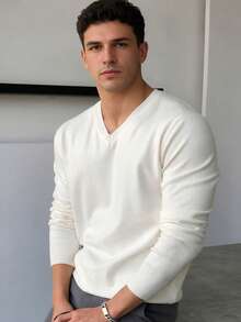ALTZTAR Men's Solid Color V-Neck Casual Long Sleeve Pullover Sweater - White - View 1