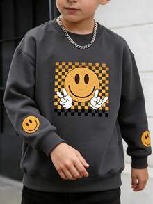 Boys Smile Face Checkerboard Graphic Crew Neck Sweatshirt, Casual Loose Pullover - Dark Grey - View 1