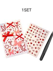 1 buah/1 set Stiker Wajah Tema Natal Tahun Baru, Stiker Wajah Pita Merah dengan Hiasan Berlian Imitasi, Stiker Wajah Kombinasi Hati & Bintang, Stiker Dekorasi Riasan Suasana Pesta Liburan Natal dengan Pinset Eksklusif - Merah - View 12