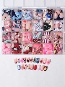 24pcs Short Oval Leopard Print, Polka Dot, Striped Nail Stickers - Multicolor - View 3