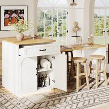 Extendable Kitchen Island With Dining Table, Multifunctional Storage Cabinet With Drawers,, Wine Rack, Kitchen & Dining Room - White + MDF - View 6