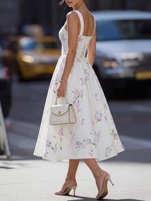 DONICY Women's White Floral Ruffle Hem Midi Dress, Square Neck Sleeveless Dress, Sweet Romantic Summer Holiday Dress - White - View 2