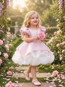 Baby Girls Square Neck Pleated Organza Satin Cute Flower Girl Bud Princess Dress Suitable For Birthday Party, Headband Not Included - Dusty Pink - View 2