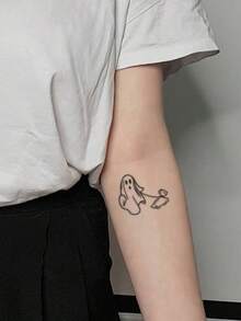 1pc Temporary Tattoo Sticker, Line Art Ghost Walking Ghost Puppy Pattern, Realistic Fake Tattoo Design, For Daily Wear, Bachelorette Party Favors, Music Festival, Game, Graduation Gift, Lasts 3‑5 Days - Black - View 5