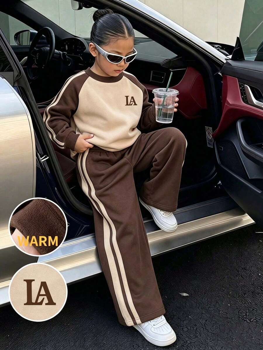 Young Girl Letter Print Colorblock Crew Neck Long Sleeve Top & Pants Set - Brown - View 1