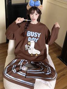 2pcs/Set Women's Spring/Autumn Casual Cartoon Sweat-Absorbent Breathable Round Neck Long Sleeve Long Pants Pajamas Homewear, Fall Clothes For Women - Brown - View 3