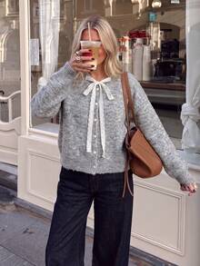 Women's Lace Trim Bow Button Cardigan Knit Sweater, Fuzzy Long Sleeve Sweater Jacket, Suitable For Autumn/Winter Thanksgiving/Christmas - Grey - View 7