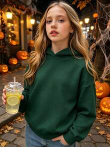 Halloween Autumn Winter Girls' Hooded Fleece Sweatshirt With Pumpkin, Ghost, Candy Print And "Stay Spooky" Text, - Dark Green - View 6