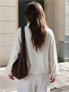 Women's Fashion Half-High Neck Jacket With Pockets, Zipper And Polka Dot Decoration - White - View 2