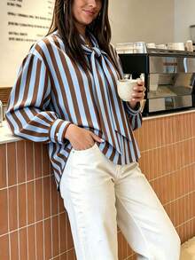 Plus Size New Vintage Colorblock Vertical Striped Bowknot Loose Fit Long Sleeve Blouse, Flattering Commuter Versatile Top - Blue-brown - View 4