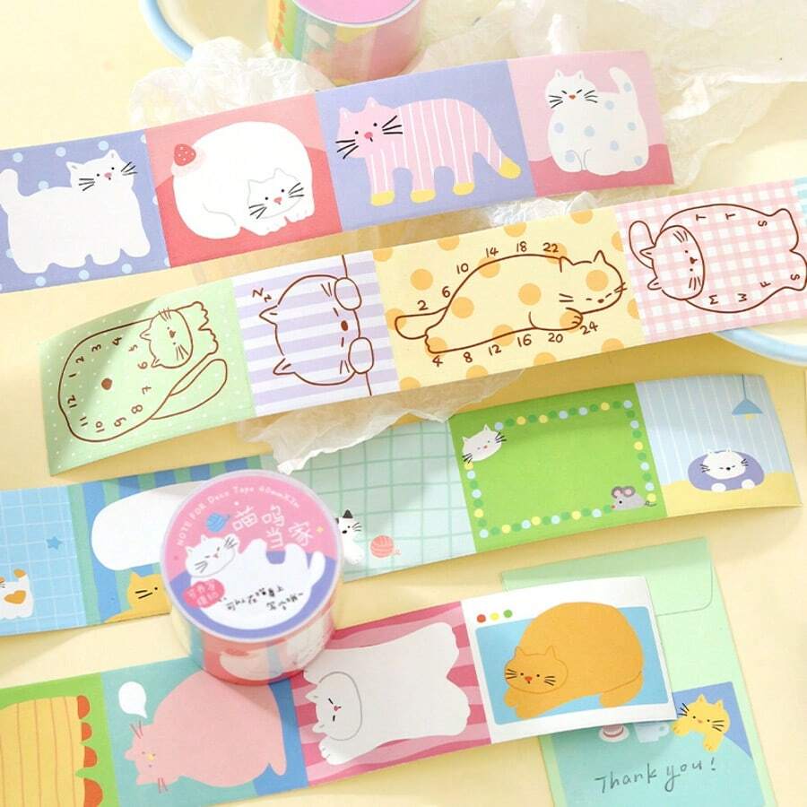 1 cuộn băng keo cắt sẵn có thể viết, series Flat Cat Diary, minh họa mèo phong cách Hàn Quốc tối giản dễ thương, vật liệu trang trí đa năng cho scrapbook, sách collage, album ảnh, nhật ký, viền cảnh, dùng ghi ngày tháng, ghi chú, tin nhắn, ghi chép thời gian, đồ dùng học sinh thiết yếu mùa tựu trường