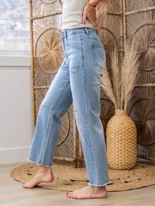 Design Flat Pocket Solid Color Casual Slim Fit Denim Cropped Pants - Light Wash - View 3