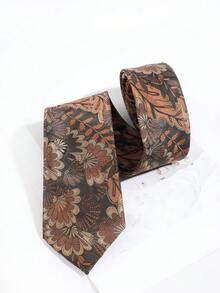 Vintage Brown Floral Men's Tie, Bronze Plant Jacquard Tie, Suitable For Wedding And Business Formal Occasions - Brown Floral - View 3