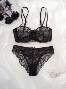 1 Set Women's Lace Patchwork Bow Underwire Thin Cup Comfortable Lingerie Set - Black - View 4