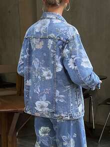 Women's Vintage Printed Denim Jacket, With Lapel Collar And Button Details, Long Sleeve Regular Fit Non-Stretch Jacket - Medium Wash - View 2