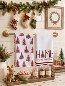 2pcs Minimalist Red Christmas Tree Text Pattern Kitchen Towels, 40*60cm Soft Microfiber Material Tea Towels, Suitable For Home Kitchen Restaurant Outdoor Camping Tabletop Cleaning Dish Cloth Hand Towel Accessories, Winter Christmas Theme Kitchen Decor Fabric Wiping Towels, Holiday Gift - Multicolor - View 4