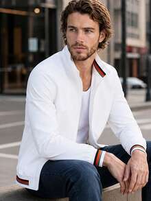 Men's Autumn/Winter Zipper Front Casual Versatile Striped Colorblock Stand Collar Jacket Coat Suitable For Daily Outings And Commuting - White - View 2