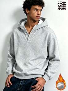 mulinsen Sweatshirt Beludru Pria, Sweatshirt Berkerudung Kancing Kerah Henley Longgar Model Musim Gugur/Dingin Terbaru, Warna Polos Gaya Kasual Tebal - Light Grey - View 8